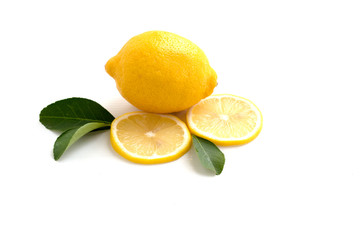 lemon with lime and leaves isolated on white background