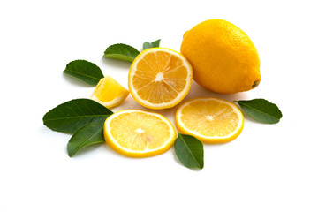 lemon with lime and leaves isolated on white background