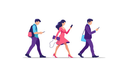 Young people walking. Humans strolling with smartphones, they are using their digital devices. Vector illustration.