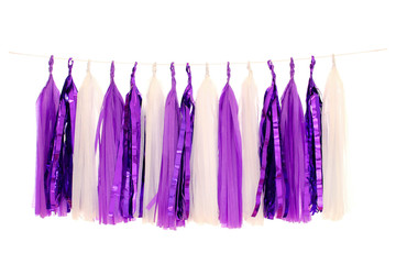 Garlands of paper tinsel purple, purple foil, white colors