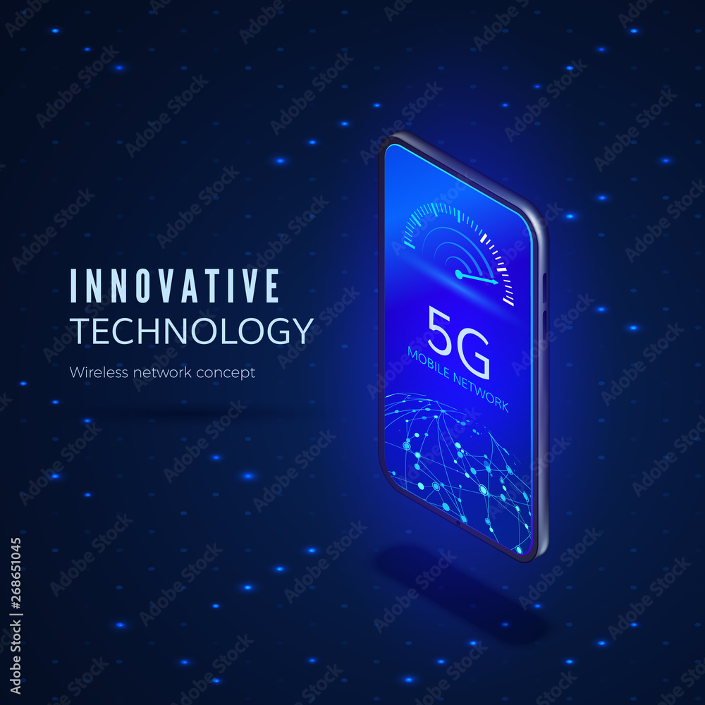 Poster 5g network innovation technology banner. wireless systems and internet. communication network. mobil