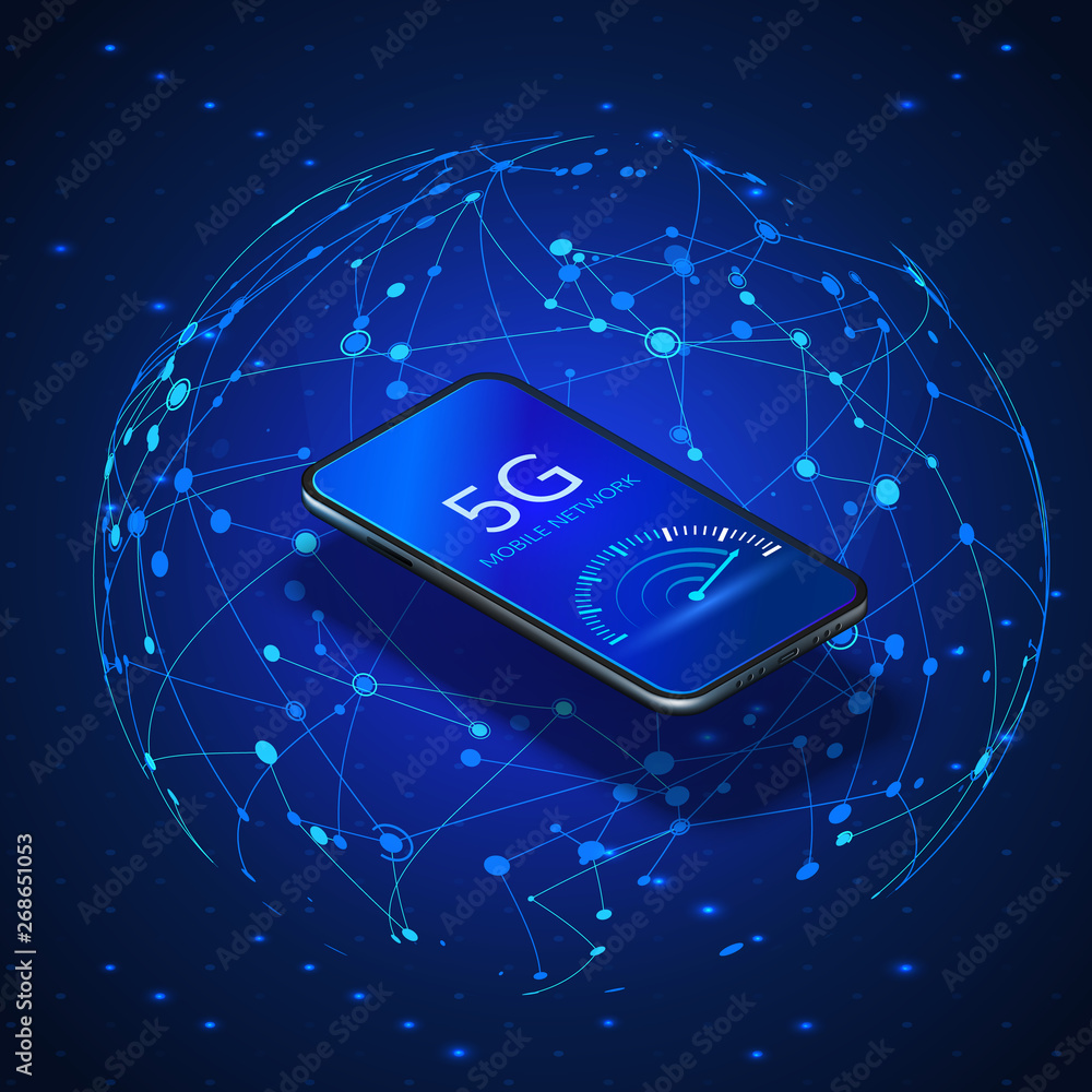 Poster 5g network innovation technology banner. wireless systems and internet. mobile phone with internet s