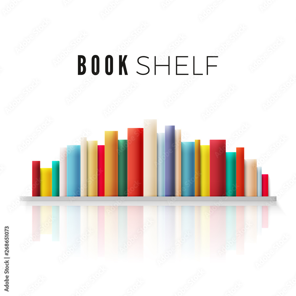 Poster bookshelf lined with books in retro color with reflection. vector illustration isolated on white bac