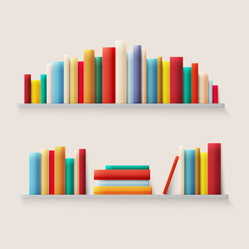 Library bookshelf with books. Books spine in retro color. Vector illustration