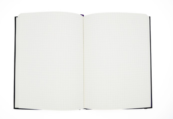 Black notebook, blank graph paper with square lines.it's open both side of two pages in the white and isolated background.