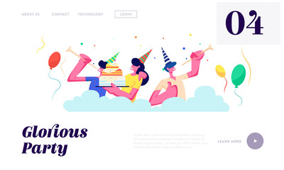 Cheerful People in Hats Birthday Party, Man Playing Pipe, Girl Holding Cake. Holiday Celebration with Balloons and Confetti, Website Landing Page, Web Page. Cartoon Flat Vector Illustration, Banner