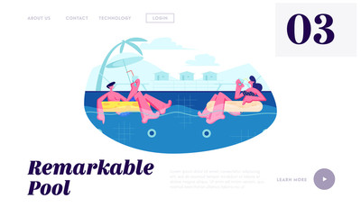 Happy Couple Relaxing on Resort, Floating at Inflatable Rings in Swimming Pool and Drinking Cocktails at Honeymoon. Summertime Website Landing Page, Web Page. Cartoon Flat Vector Illustration, Banner