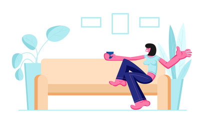 Cute Smiling Girl Sitting on Cozy Sofa Drinking Coffee or Tea at Home Domestic Interior Female Character Having Leisure, Sparetime, Relaxing or Chatting with Friend Cartoon Flat Vector Illustration