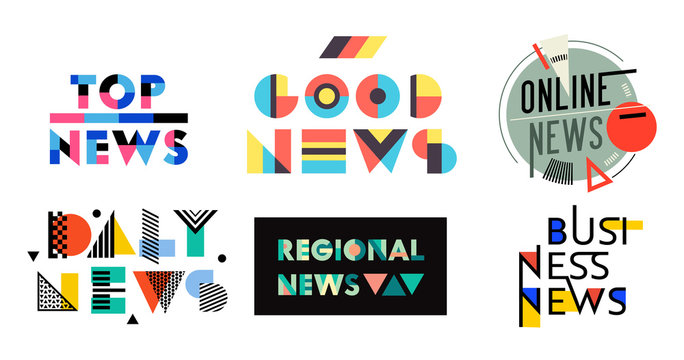 News Geometric Labels, Badges, Quotes Set. Top, Good, Online, Daily, Regional, Business News, Media Design Elements, Magazine Typography Message, Information Stickers, Signs Icons. Vector Illustration