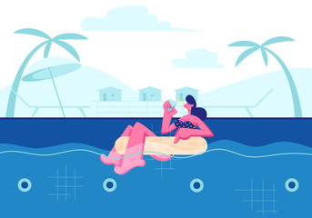 Obraz premium Summertime Leisure, Vacation. Young Happy Woman Relaxing on Resort, Floating at Inflatable Ring in Swimming Pool and Drinking Cocktail. Tropical Vacation Sparetime. Cartoon Flat Vector Illustration