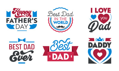 Fototapeta na wymiar Happy Fathers Day Set of Emblems, Labels, Icons and Signs with Typography for Greeting Cards, Banners, T-shirt or Logo Design. Best Dad in World. Elements for Social Media or Print Vector Illustration