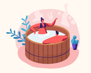 Couple of Young Man and Woman Sitting in Wooden Bath with Water Taking Sauna and Spa Water Procedure. Relaxation, Body Care Therapy, Wellness, Hygiene, Honeymoon, Date Cartoon Flat Vector Illustration