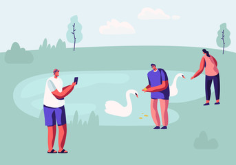 People Spending Time in Animal Park with Lake. Male and Female Characters Having Outdoors Leisure in Open Air Zoo Feeding Swans, Taking Landscape Pictures, Sparetime. Cartoon Flat Vector Illustration