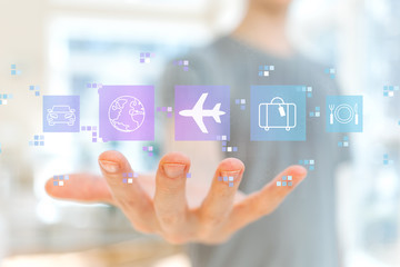 Airplane travel theme with young man holding his hand © Tierney