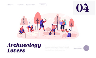 Obraz na płótnie Canvas Archeologists, Paleontology Scientists Working on Excavations Exploring Artifacts and Studying Dinosaurs Fossil Skeleton Bones. Website Landing Page, Web Page. Cartoon Flat Vector Illustration, Banner