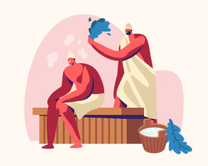 Sauna Spa Water Procedure. Relaxation, Body Care Therapy, Couple of Men Sitting on Wooden Bench in Steam Room in Bath Beating Each Other with Broom, Wellness, Hygiene, Cartoon Flat Vector Illustration