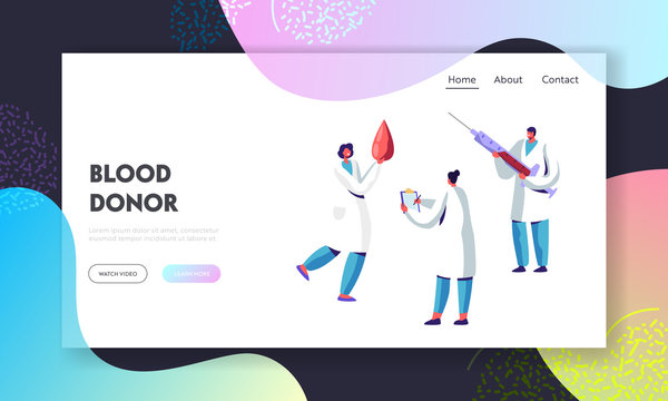 Blood Donor Bank Charity, Transfusion, Website Landing Page, Nurses Or Doctors In Uniform With Syringe And Huge Drop Of Blood. Laboratory, Healthcare Web Page, Cartoon Flat Vector Illustration, Banner