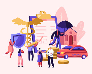 Property and Health Medical Insurance. Male and Female Characters Sign Insurance Policy Paper, Document for Having Guarantee and Money. Car, Home, Life Protection Cartoon Flat Vector Illustration