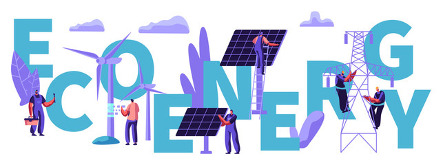 People at Wind Mill Turbines, Solar Panels. Sustainable Power Supply. Green Eco Alternative Clean Energy Concept, Ecology, Environment. Poster, Banner, Flyer, Brochure Cartoon Flat Vector Illustration