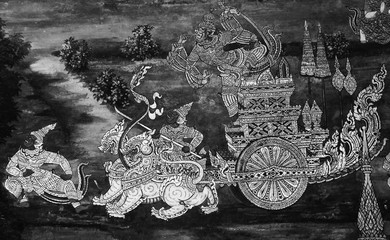 Bangkok, Thailand - May 19, 2019: The Ramakian (Ramayana) mural paintings are black and white color isolated wall pattern along the galleries of the Temple of the Emerald Buddha, grand palace  © Weerayuth