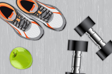 Fitness equipment. Apple, dumbbells and sport shoes, sport concept