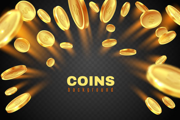 Gold coin explosion. Golden dollar coins rain. Game prize money splash. Casino jackpot vector concept isolated on black background