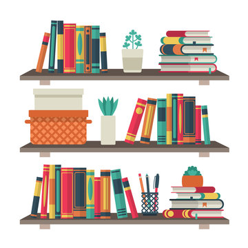 Flat bookshelves. Shelf book in room library, reading book office shelf wall interior study school bookcase vector background