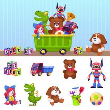 Kids toys box. Children toy container with playing blocks cars house and beer isolated vector cartoon set