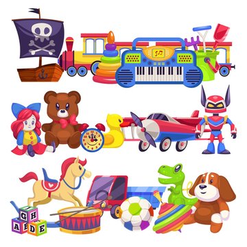 Toy piles. Cute colourful kid toys pile with car, sand pail, child plastic animal bear and dog, doll train vector isolated illustration