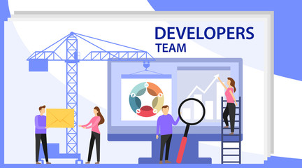 Engineer team at project development, template for developer. App development and startup concept. Launch a new product on a market. Coding develop, programmer at computer or workstation for