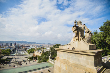 BARCELONA, SPAIN - OCTOBER 09, 2018: View of the Venetian towers of Spain Square from Avinguda de la Reina Maria Cristina