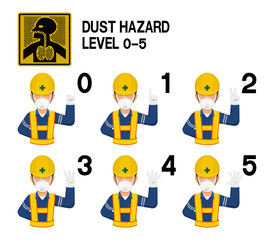 Set of industrial worker with dust mask is gesturing hand sign (0-5)