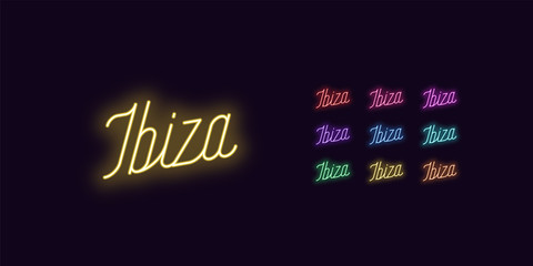 Neon lettering of Ibiza name. Neon glowing text