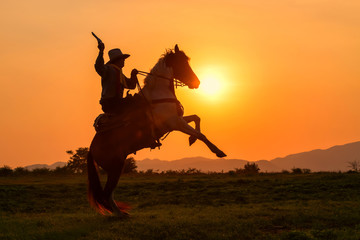 The silhouette of a man wearing a cowboy dress with a horse and a gun held in his hand