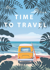 Time to travel Summer holidays vacation seascape landscape ocean sea beach, coast. Bus surfboard, retro, tropical leaves