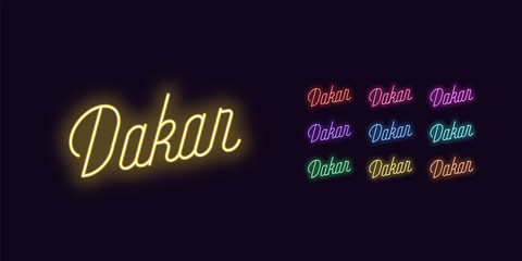 Neon lettering of Dakar name. Neon glowing text