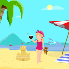 Little Girl with Coconut on Sea Coast Background.