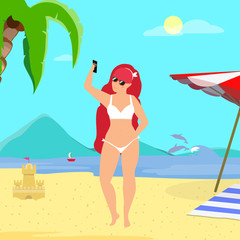 Young Ginger Woman Making Selfie on Sandy Beach.