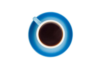 Single blue ceramic cup with handle full of hot fresh black coffee on circle saucer isolated on white background. Top view. Clipping path