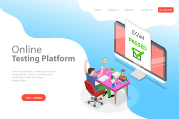 Isometric flat vector landing page template of passed online exam, questionnaire form, online education, survey, internet quiz.