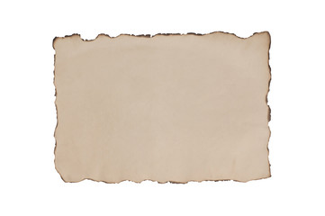 Single blank old dirty and burnt paper sheet isolated on white background