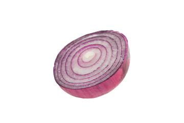 One half of fresh raw whole purple onion isolated on white background