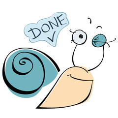 Cute and proud winking snail in blue saying Done, Vector illustration