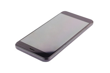 Single black smartphone with blank screen isolated on white background. Clipping path