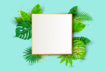 Green summer tropical background with exotic leaves, paper sheet with golden frame. Place for text. Vector illustration for poster, web, flyers, party invitation, sale, ecological concept, wedding.