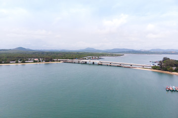 Scenic landscape of big river and reservoir dam with mountain and nature forest