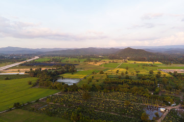 Drone shot Aerial view landscape scenic of rural agriculture rice field with evening sunset atmosphere