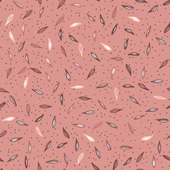 Seamless pattern with hand-drawn leaves and dots in pale pink colors on a pink background. Vector illustration, background. The picture can be used separately from the background.