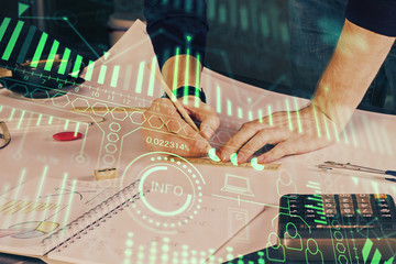 Close up of human hands background and abstract innovative technologies for industries. Multi exposure.