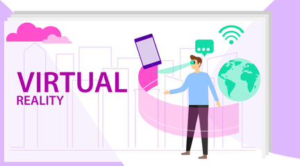 Man use vr technology concept. Vector illustration - man in virtual reality glasses. Into virtual reality world. Future